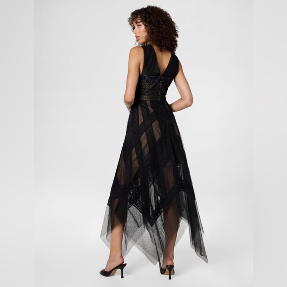 BCBGMAXAZRIA Andi Asymmetrical Lace Tulle Maxi Dress Black 12 Perfect Condition - Picture 5 of 16